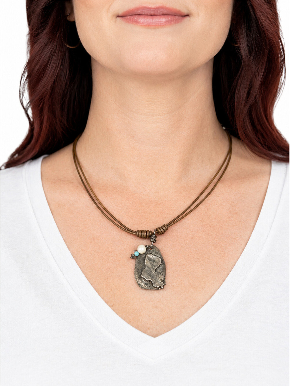 J&M Designs Cast Pewter State of Louisiana Necklace w/ Double Leather Cord 14"